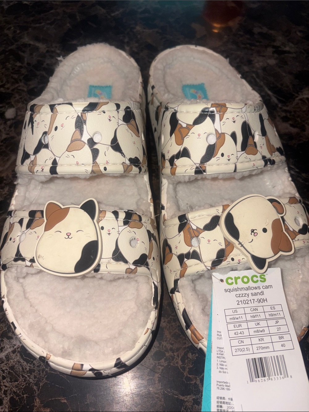 CROCS Squishmallows Cozy Cat Print Sandals - Cream/Black/Tan